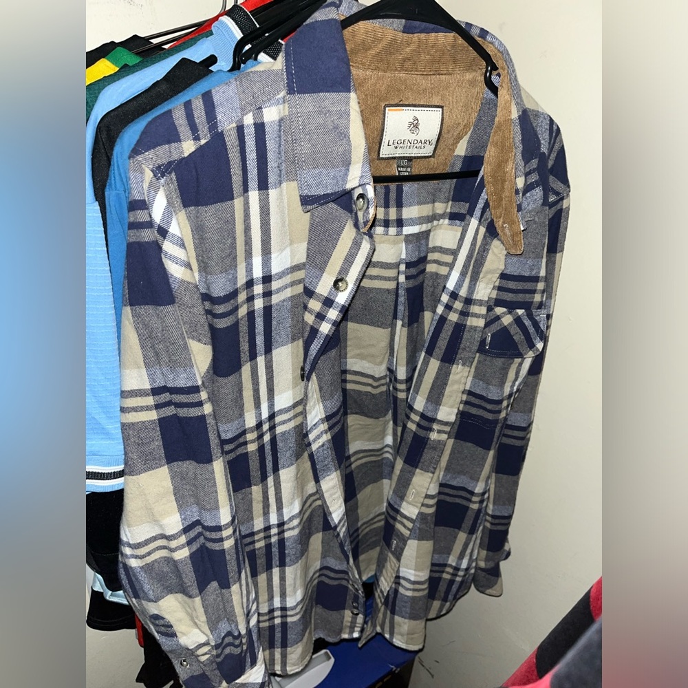 Legendary Whitetails Flannel Mens Large Buck Camp Shirt Blue Corduroy Cuffs